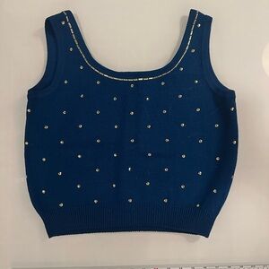 St. John Teal-Blue Knit Top with Gold Details